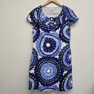 Boden Womens Size 8R Blue Twiggy Geometric Dot Print Linen Shift Dress Front Bow
